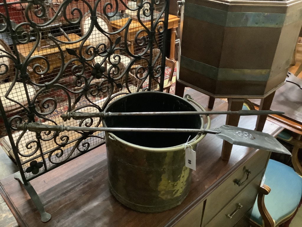 A riveted brass coal bucket, fire screen and other fireside effects